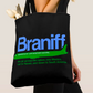 Braniff Tote Bag - DC-8 Blue and Green on Black Tote Bag - Braniff Logo All Over Print - Braniff Boutique
