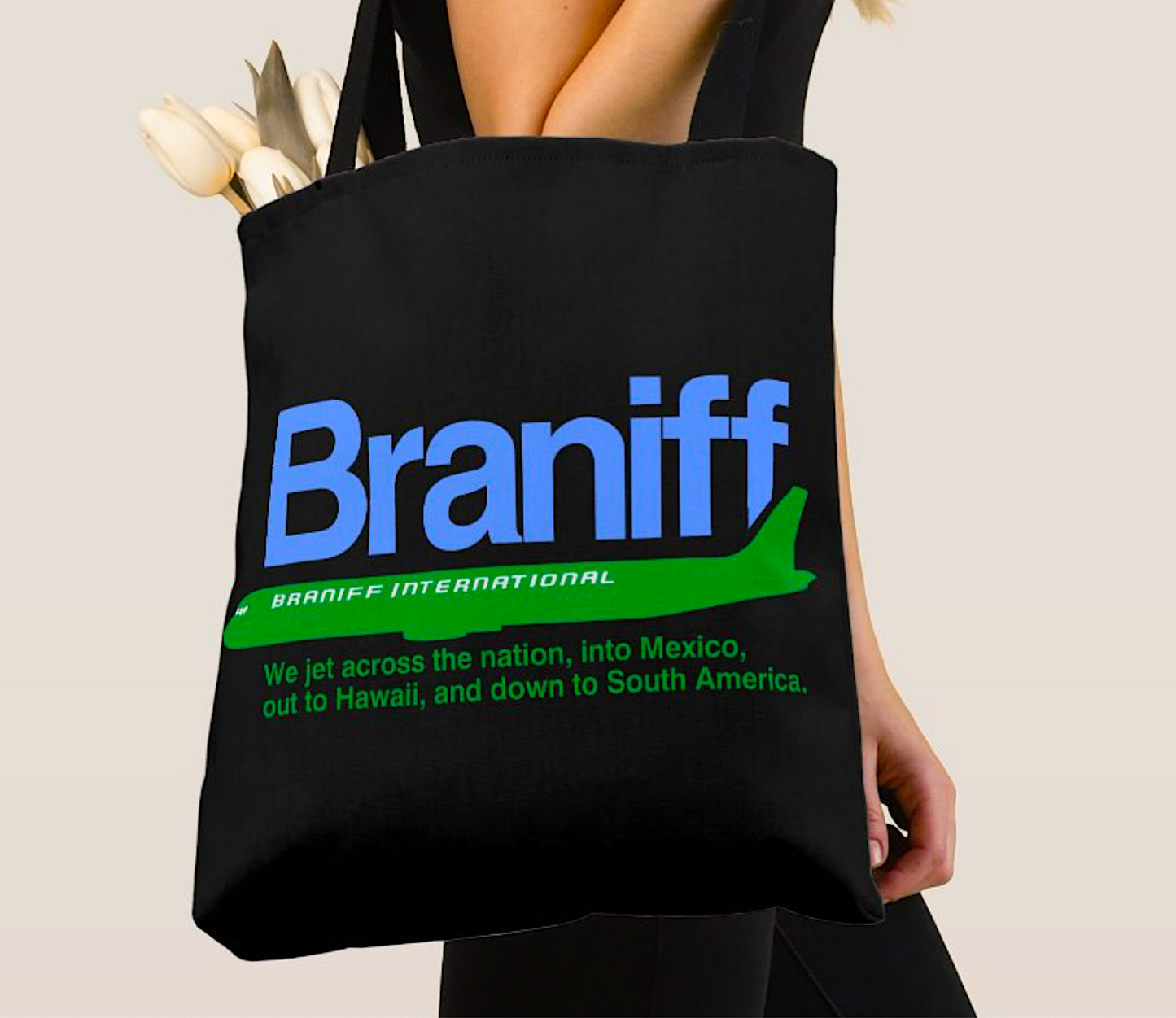 Braniff Tote Bag - DC-8 Blue and Green on Black Tote Bag - Braniff Logo All Over Print - Braniff Boutique