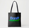 Braniff Tote Bag - DC-8 Blue and Green on Black Tote Bag - Braniff Logo All Over Print - Braniff Boutique