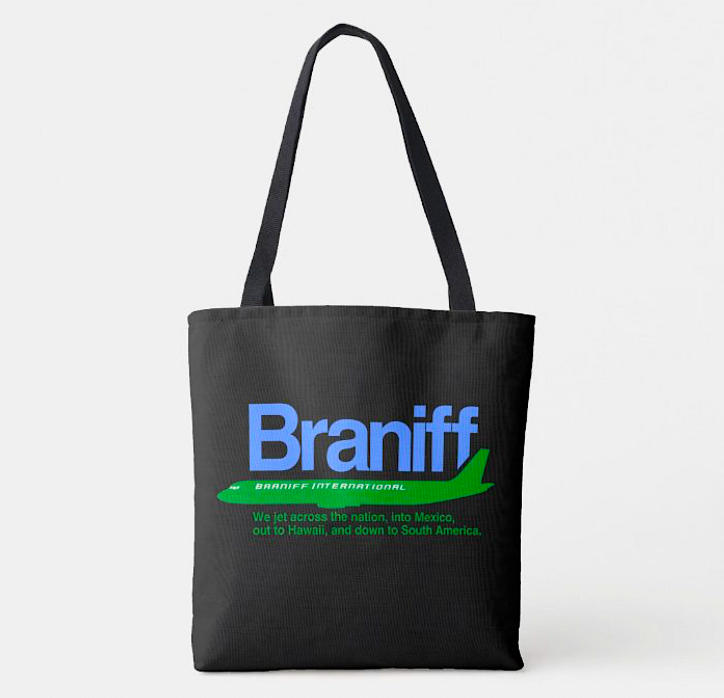 Braniff Tote Bag - DC-8 Blue and Green on Black Tote Bag - Braniff Logo All Over Print - Braniff Boutique