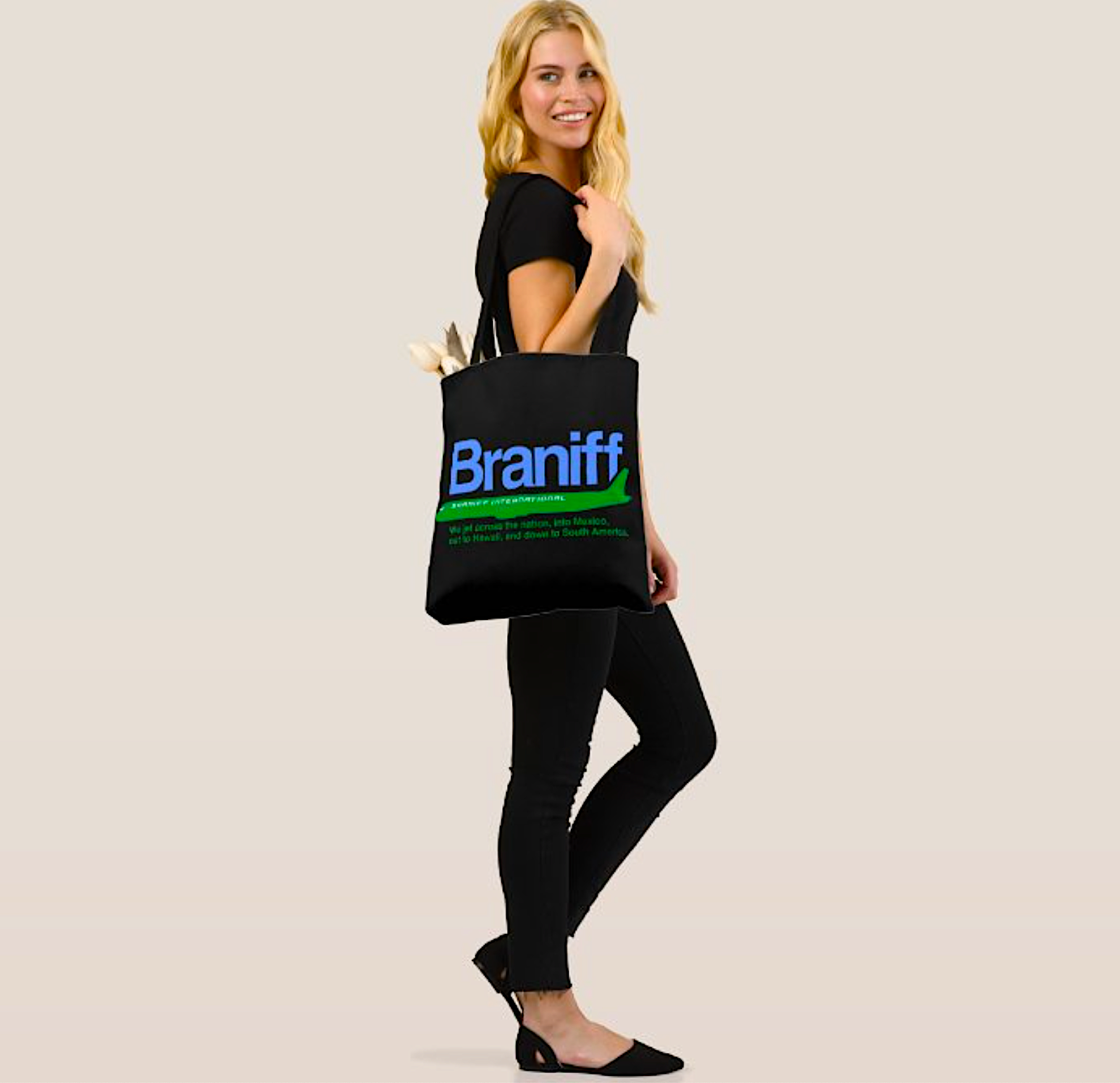 Braniff Tote Bag - DC-8 Blue and Green on Black Tote Bag - Braniff Logo All Over Print - Braniff Boutique