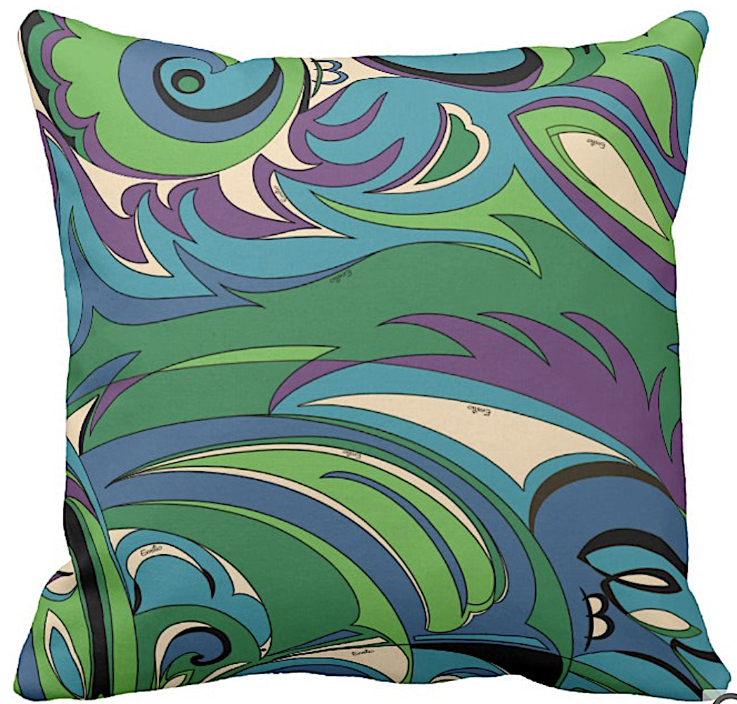 Throw Pillow - Braniff Pucci Design Turquoise Green Pillows - Braniff Boutique