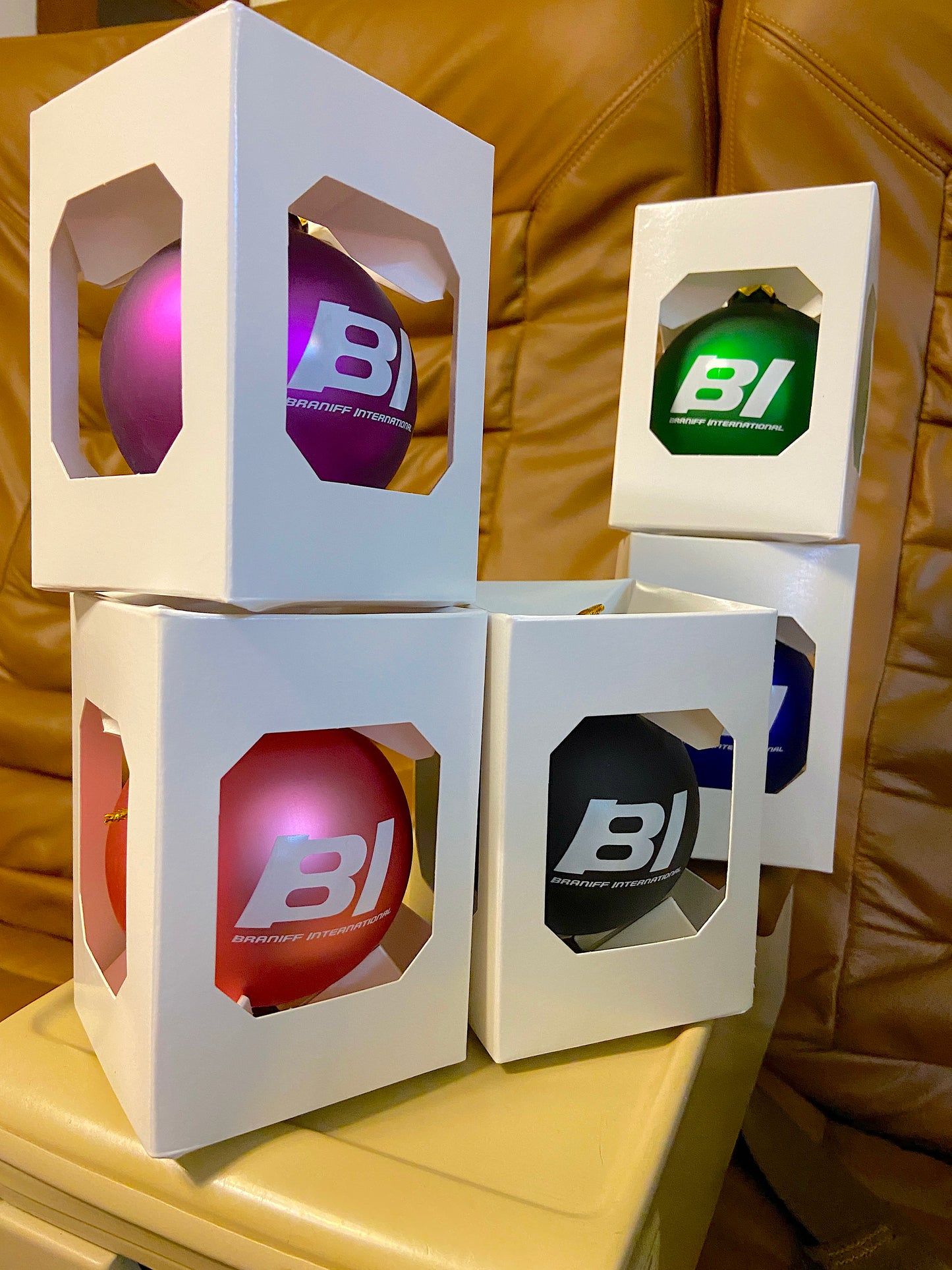 Christmas Ornament GLASS Single 1965 BI Braniff International Logo Multi Colors