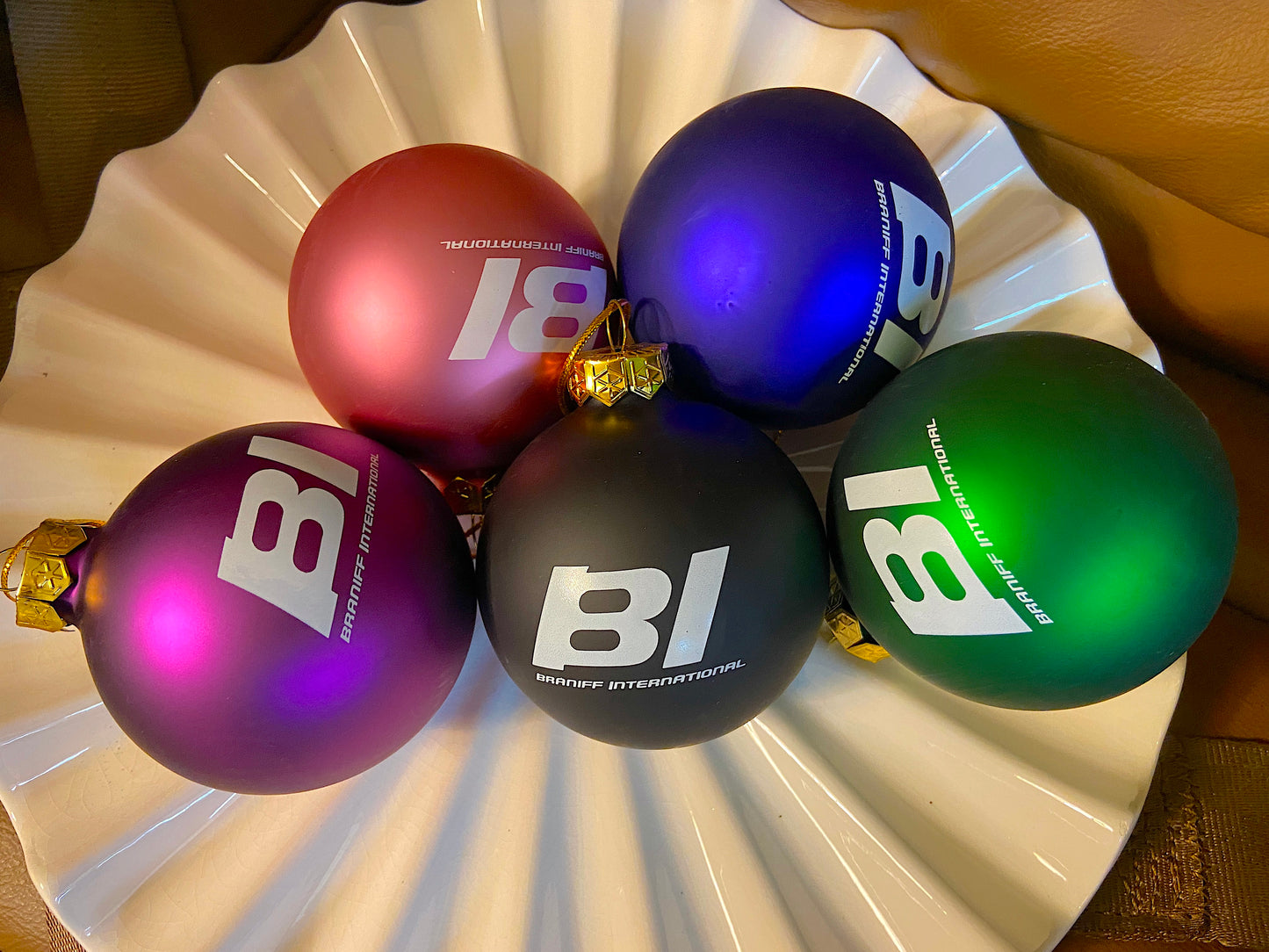 Christmas Ornament GLASS Single 1965 BI Braniff International Logo Multi Colors