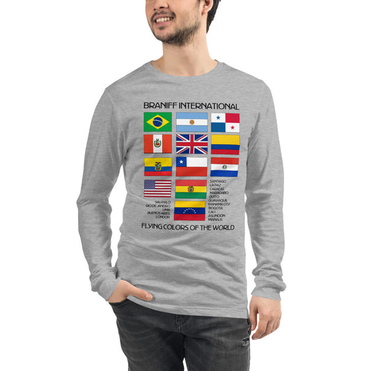 Long Sleeve Shirt T-Shirt Mens Womens Braniff International Flying Colors of the World Flags