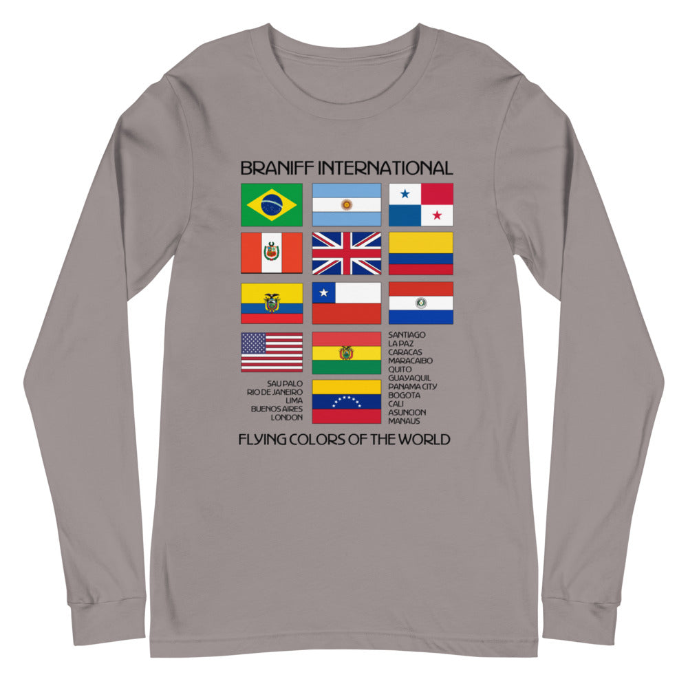Long Sleeve Shirt T-Shirt Mens Womens Braniff International Flying Colors of the World Flags